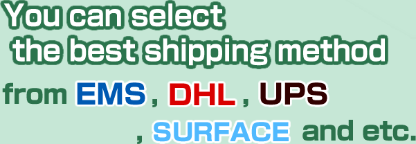 You can select the best shipping method from EMS,DHL,UPS,SURFACE and etc.