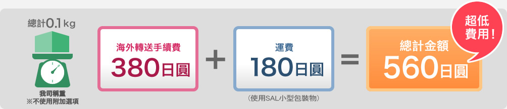 總計0.1kg　海外轉送手續費380日圓+運費180日圓=總計金額560日圓